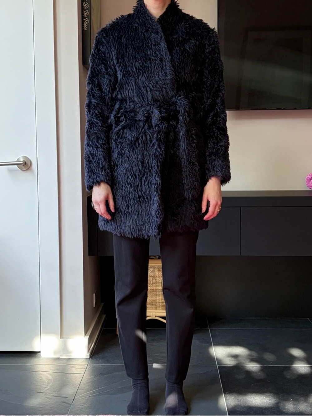 House of Dagmar Faux Fur Belted Wrap Coat - Black